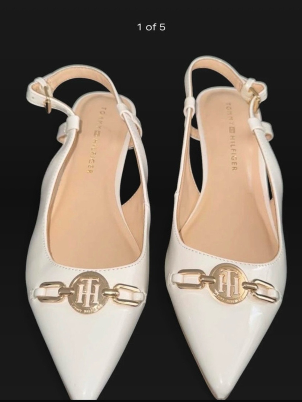 Tommy Hilfiger White Patent Pointed Slingback Flats with Gold Logo